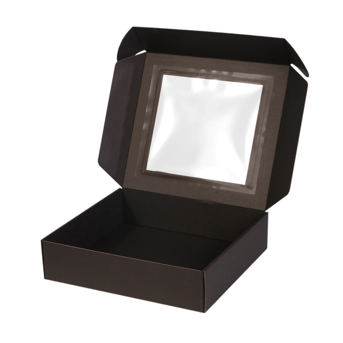 K33308ME.jpg Gift box 330x300x80mm with hinged lid and window, black - Image 1